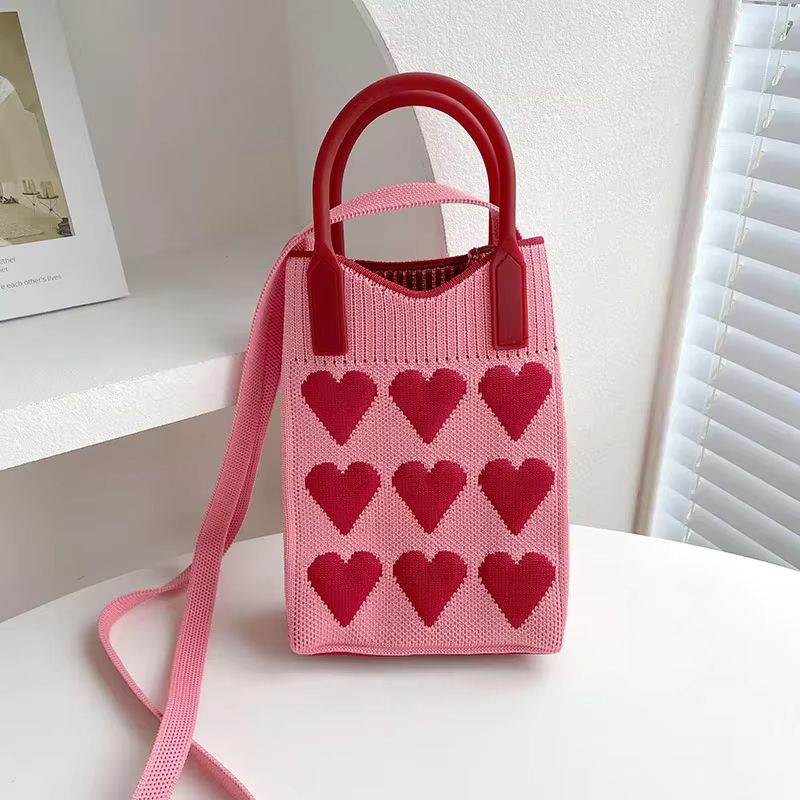 Fashionable heart needle mini square women's handbag, small mobile phone shoulder bag, cute outdoor crossbody bag for girls, cartoon knitted handbag shoulder bag crossbody bag