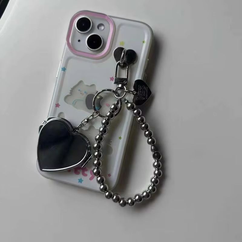 Fashionable metal bead shaped keychain, women's sweet mirror bag pendant keychain, bag hanging chain, mini heart-shaped double-sided makeup mirror pendant, creative and personalized keychain
