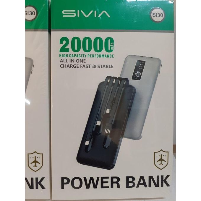 Power Bank. Sivia High capacity performance 20000mAh. Built in Cables 3 in 1 fast charge.Stable