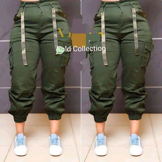 Ladies High Waist Strapped Cargo Pants Women-Jungle Green