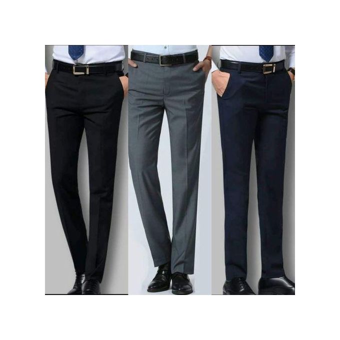 3 Pack Men’s Official Trousers with FREE 1-Way Leather Belt – Slim Fit Office Wear Pants for Business and Casual Use, Comfortable, Durable and Stylish Formal Trousers for Men