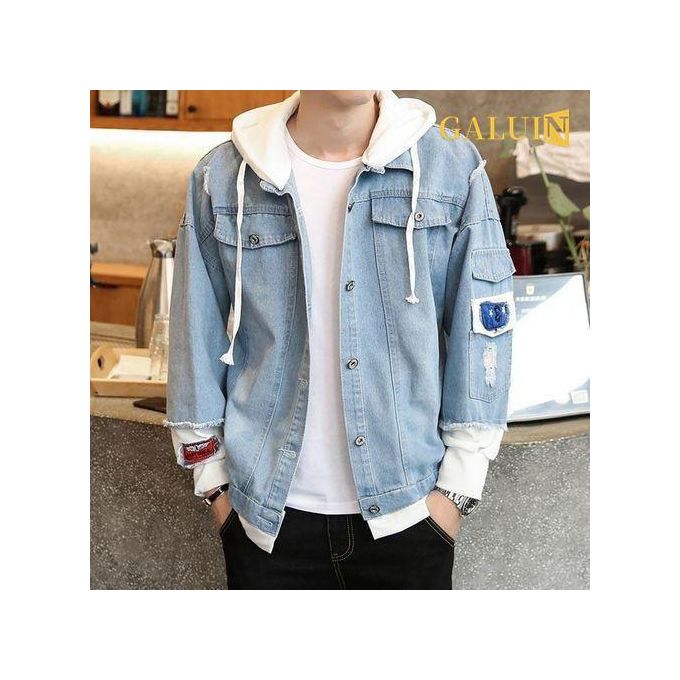 GALUIN Fashion Denim Jacket Korean Casual Youth Trend Hooded Couple Jacket – Light Blue Stylish Jean Jacket, Comfortable Cotton Denim Outerwear for Men & Women, Streetwear, Travel & Everyday Casual