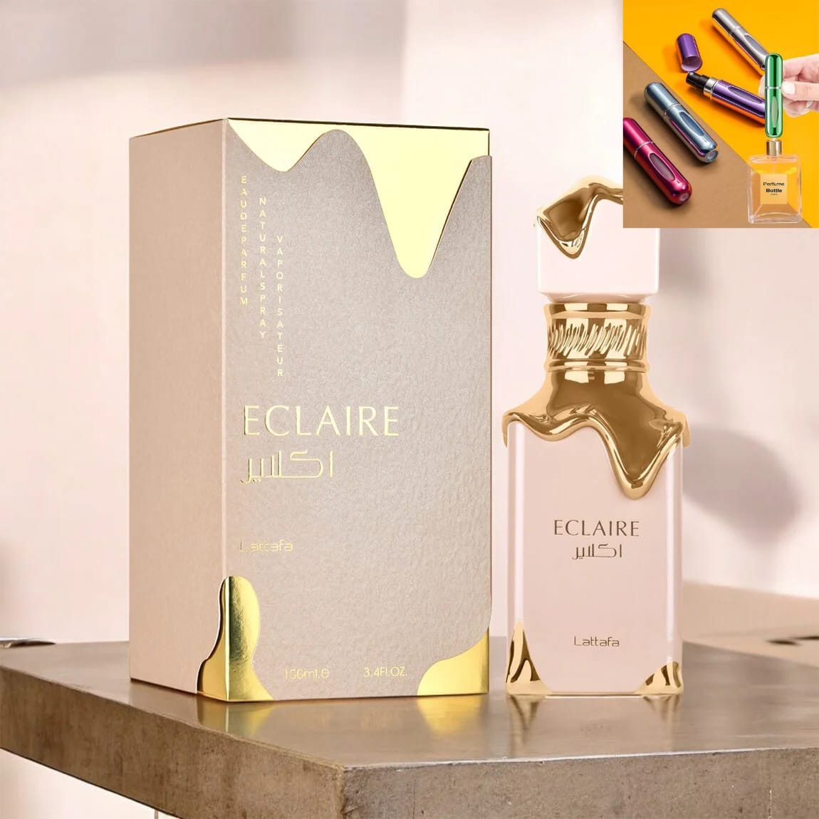 Lattafa Eclaire Eau de Parfum 100ml free ATOMIZER Sweet Vanilla Caramel Long Lasting Perfume For Women & Unisex (RANDOM COLOR)