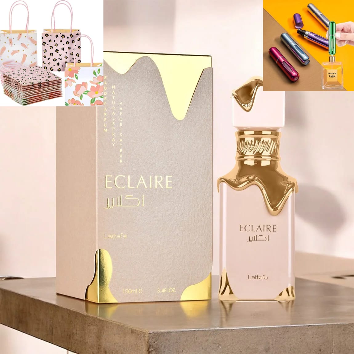 Lattafa Eclaire Eau de Parfum 100ml free ATOMIZER & GIFT BAG Sweet Vanilla Caramel Long Lasting Perfume For Women & Unisex (RANDOM COLOR)