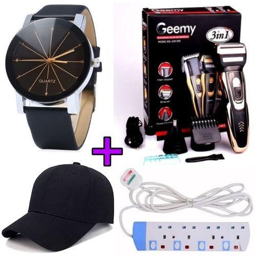 Geemy 3in1 Rechargeable Hair Shaving Machine Smoother,Clipper,Nose Trimmer+Cap+Watch+4Way Extension