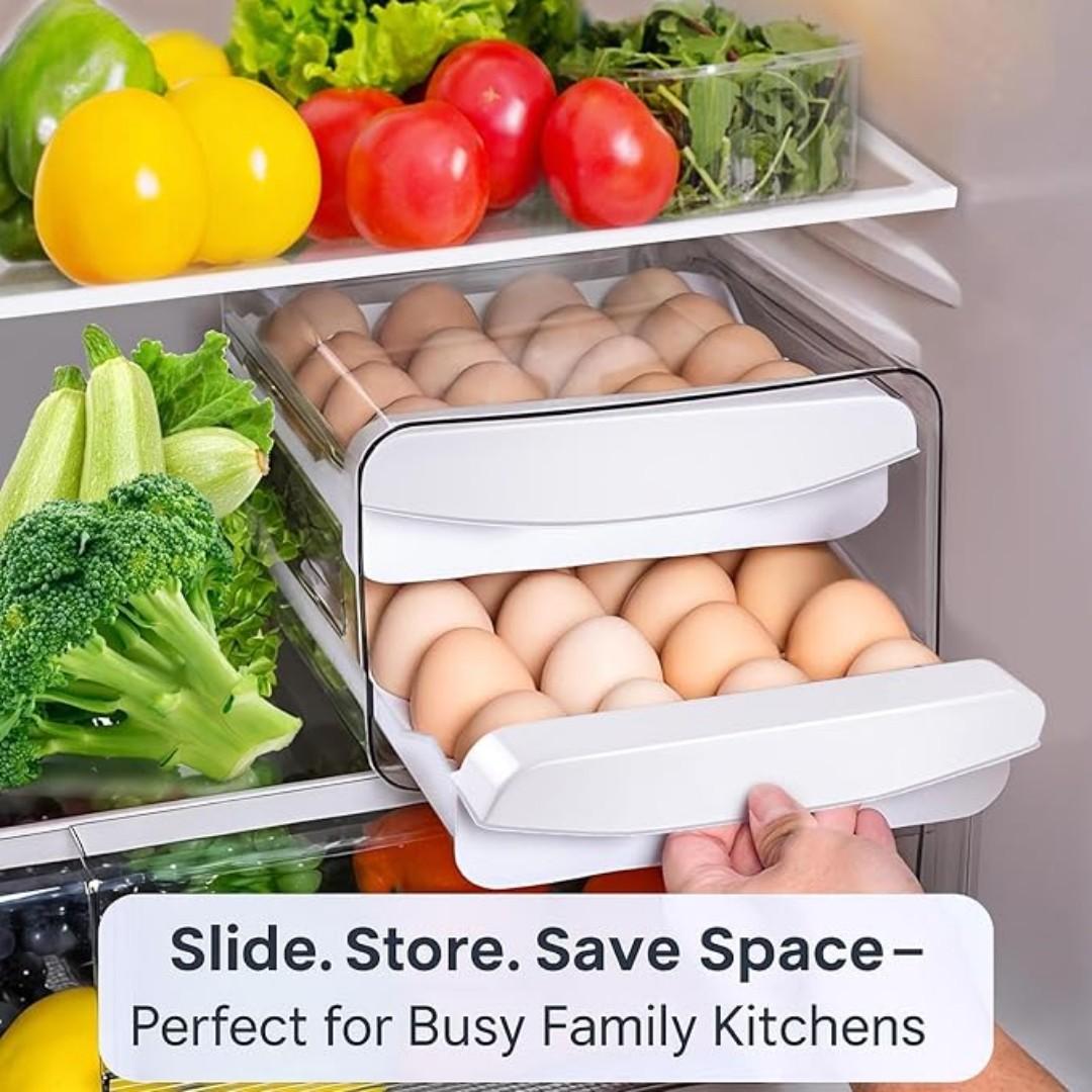 decor amazingdiscountjaza keja egg tray ,with double layer egg holder for refrigerator countertop can hold  32 eggs acrylic double layer stackable  fridge organizer bpa free, convenience easy to clean