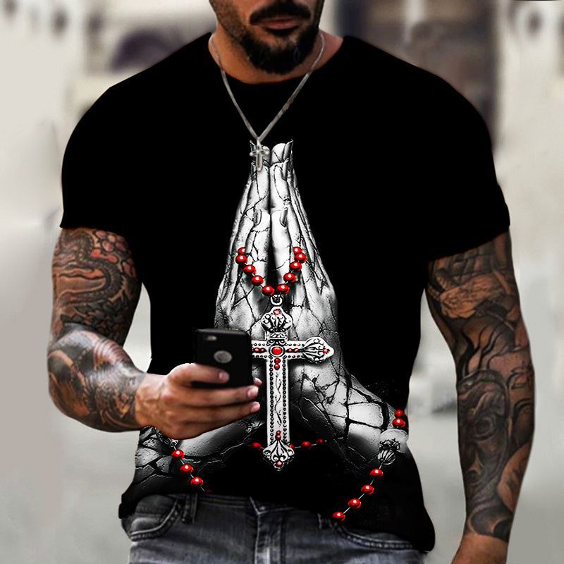 AliExpress Foreign Trade Men's Fashion 3D Digital Printing Simple Trendy Short sleeved T-shirt European and American Summer Cross border Men's Clothing