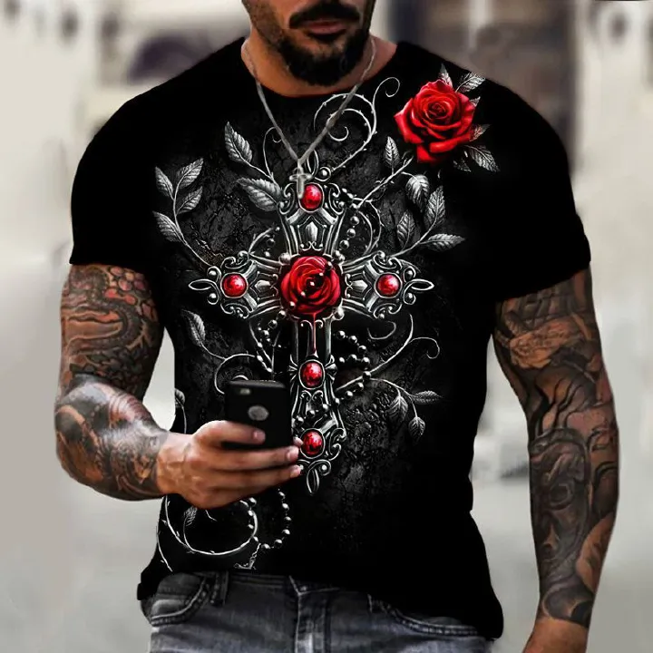 AliExpress Foreign Trade Men's Fashion 3D Digital Printing Simple Trendy Short sleeved T-shirt European and American Summer Cross border Men's Clothing