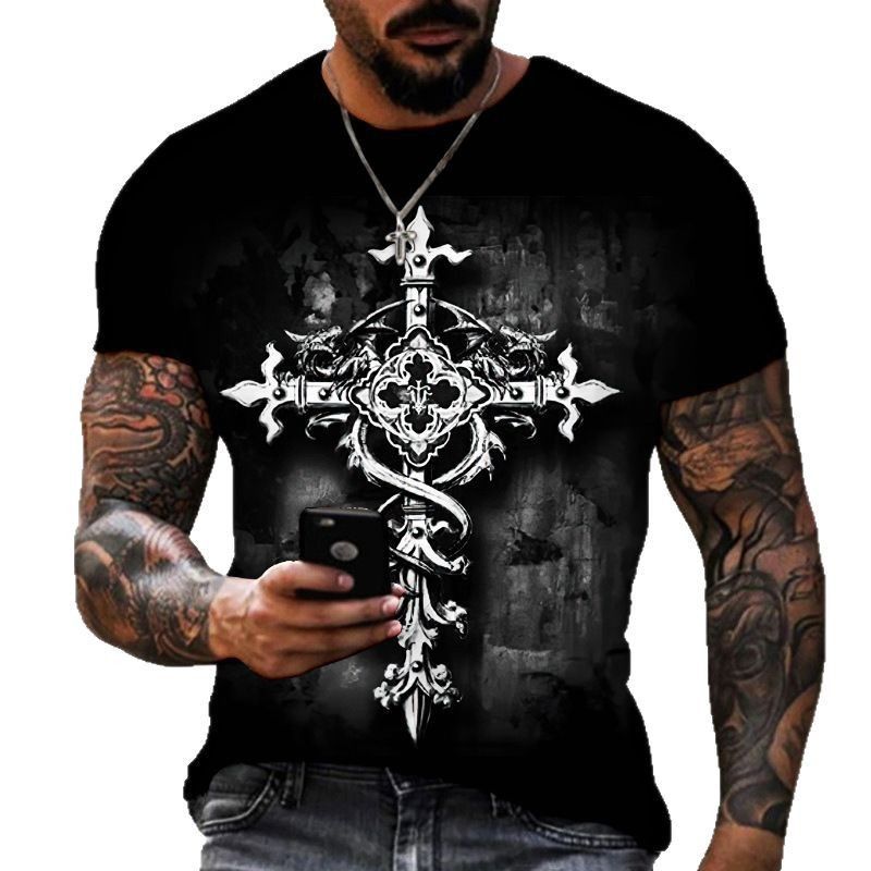 AliExpress Foreign Trade Men's Fashion 3D Digital Printing Simple Trendy Short sleeved T-shirt European and American Summer Cross border Men's Clothing