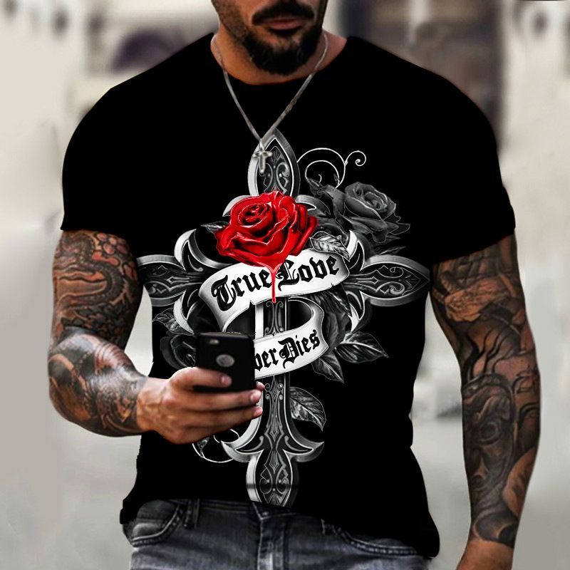 AliExpress Foreign Trade Men's Fashion 3D Digital Printing Simple Trendy Short sleeved T-shirt European and American Summer Cross border Men's Clothing