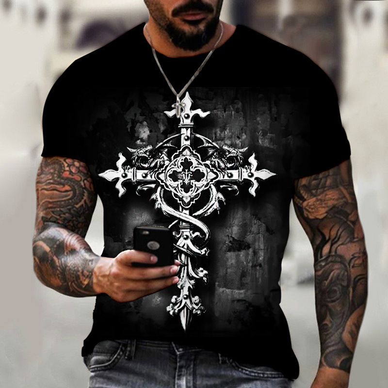 AliExpress Foreign Trade Men's Fashion 3D Digital Printing Simple Trendy Short sleeved T-shirt European and American Summer Cross border Men's Clothing
