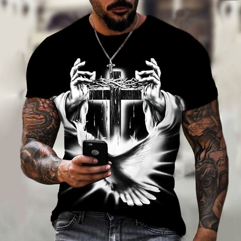 AliExpress Foreign Trade Men's Fashion 3D Digital Printing Simple Trendy Short sleeved T-shirt European and American Summer Cross border Men's Clothing