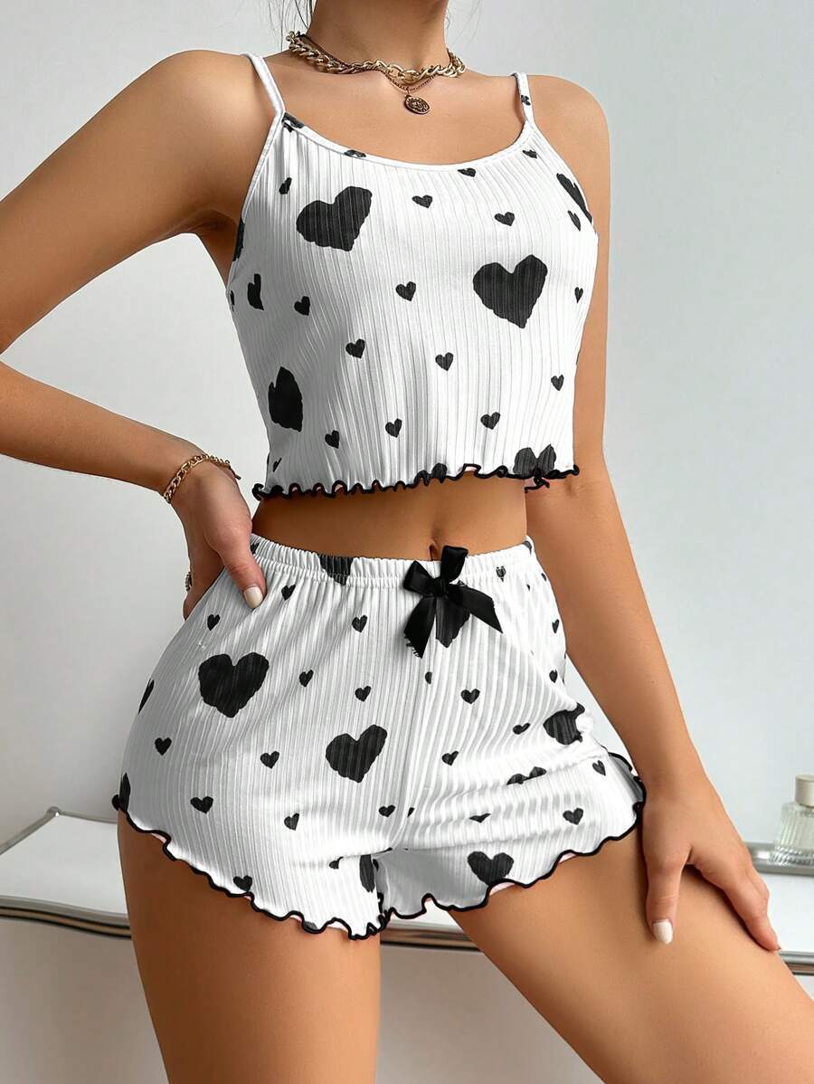 2025 New Summer European and American Style Women's Pure and Seductive Pajamas with Knitted Ribbed Pattern, Heart Prints and a Stylish Design, Including a Sweet Sling Top and Shorts Red S