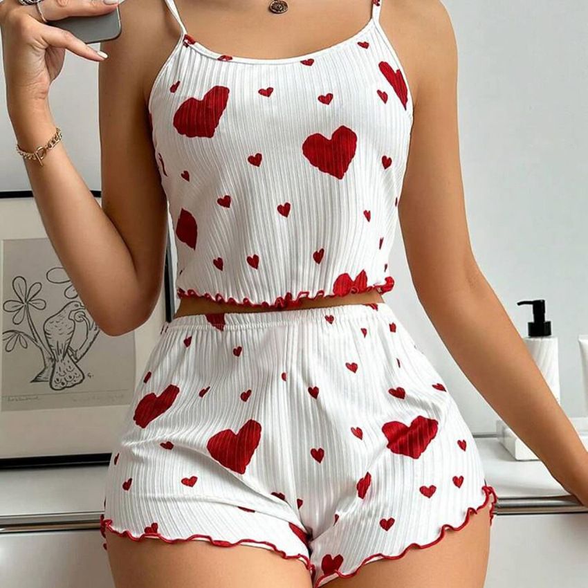 2025 New Summer European and American Style Women's Pure and Seductive Pajamas with Knitted Ribbed Pattern, Heart Prints and a Stylish Design, Including a Sweet Sling Top and Shorts Red S