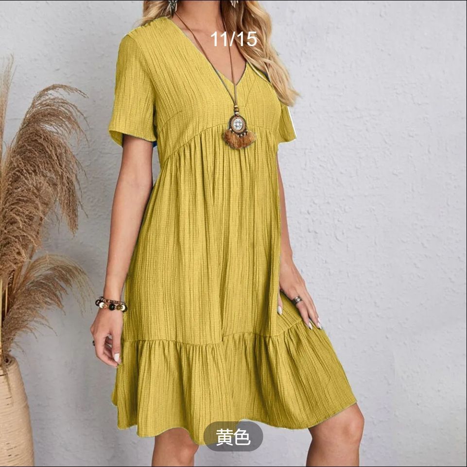 Womens Summer Dress Ruffle Sleeve V Neck Midi Dresses Fashion Casual Fit Flowy Tiered Boho  2025 summer Europe and the United States women's skirt loose casual short-sleeved waist flowing dress white