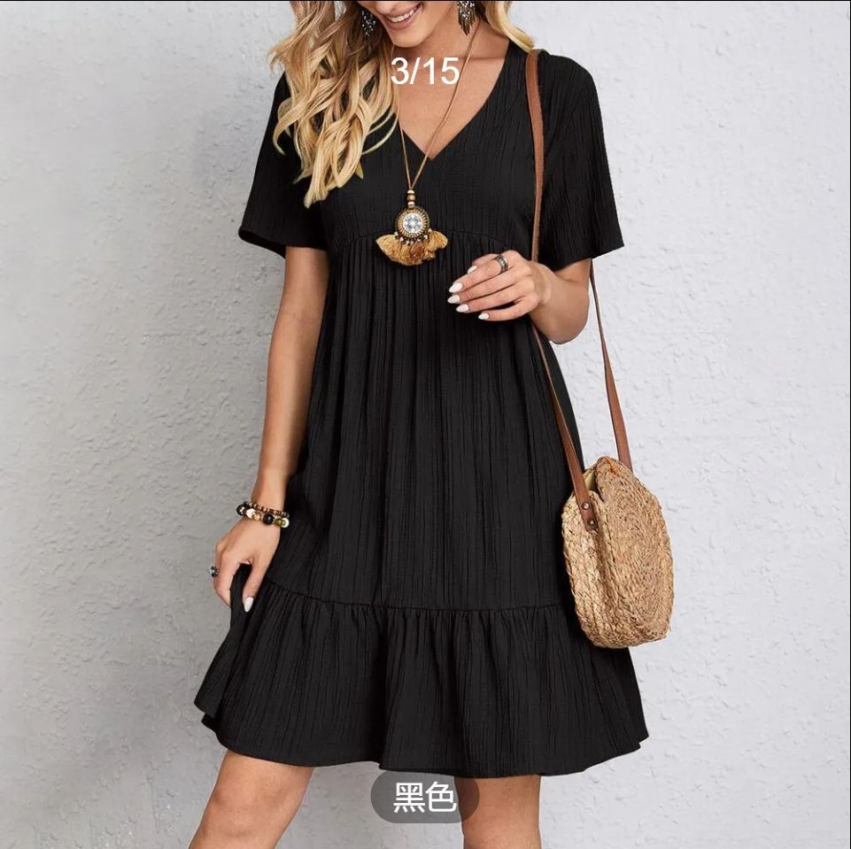 Womens Summer Dress Ruffle Sleeve V Neck Midi Dresses Fashion Casual Fit Flowy Tiered Boho  2025 summer Europe and the United States women's skirt loose casual short-sleeved waist flowing dress white