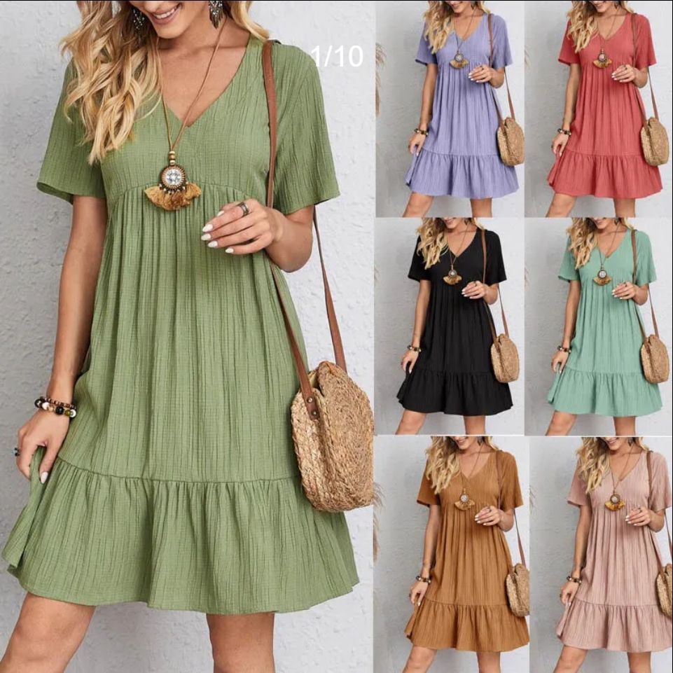 Womens Summer Dress Ruffle Sleeve V Neck Midi Dresses Fashion Casual Fit Flowy Tiered Boho  2025 summer Europe and the United States women's skirt loose casual short-sleeved waist flowing dress white