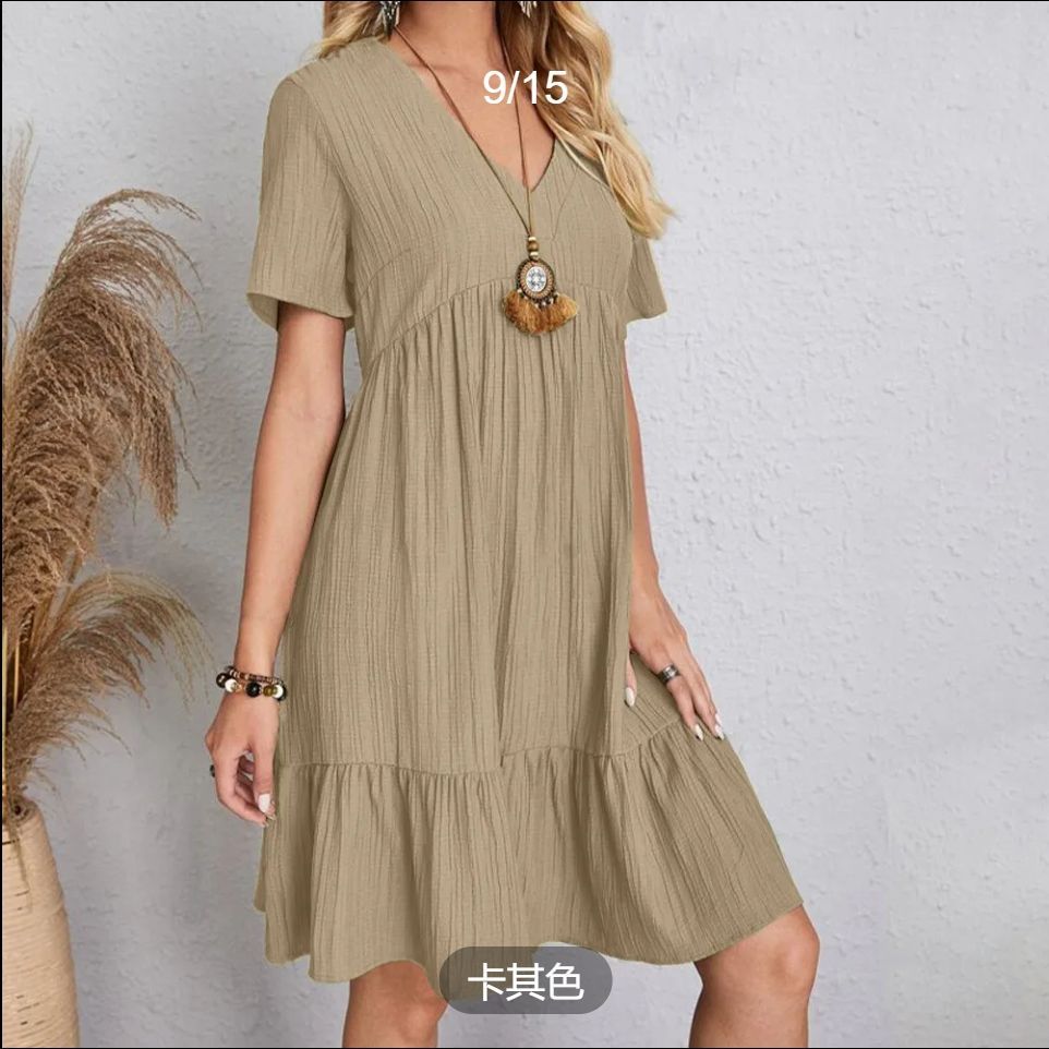 Womens Summer Dress Ruffle Sleeve V Neck Midi Dresses Fashion Casual Fit Flowy Tiered Boho  2025 summer Europe and the United States women's skirt loose casual short-sleeved waist flowing dress white