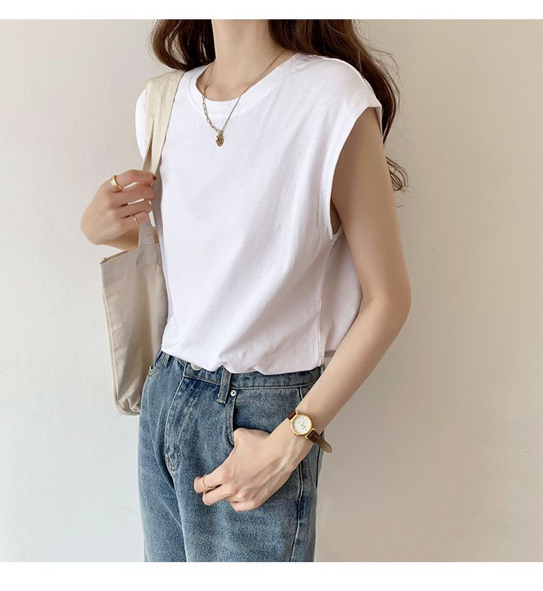 White sleeveless T-shirt for women, loose fit, 2024 summer new fashion, black vest, T-shirt, student top, wearing ins White M