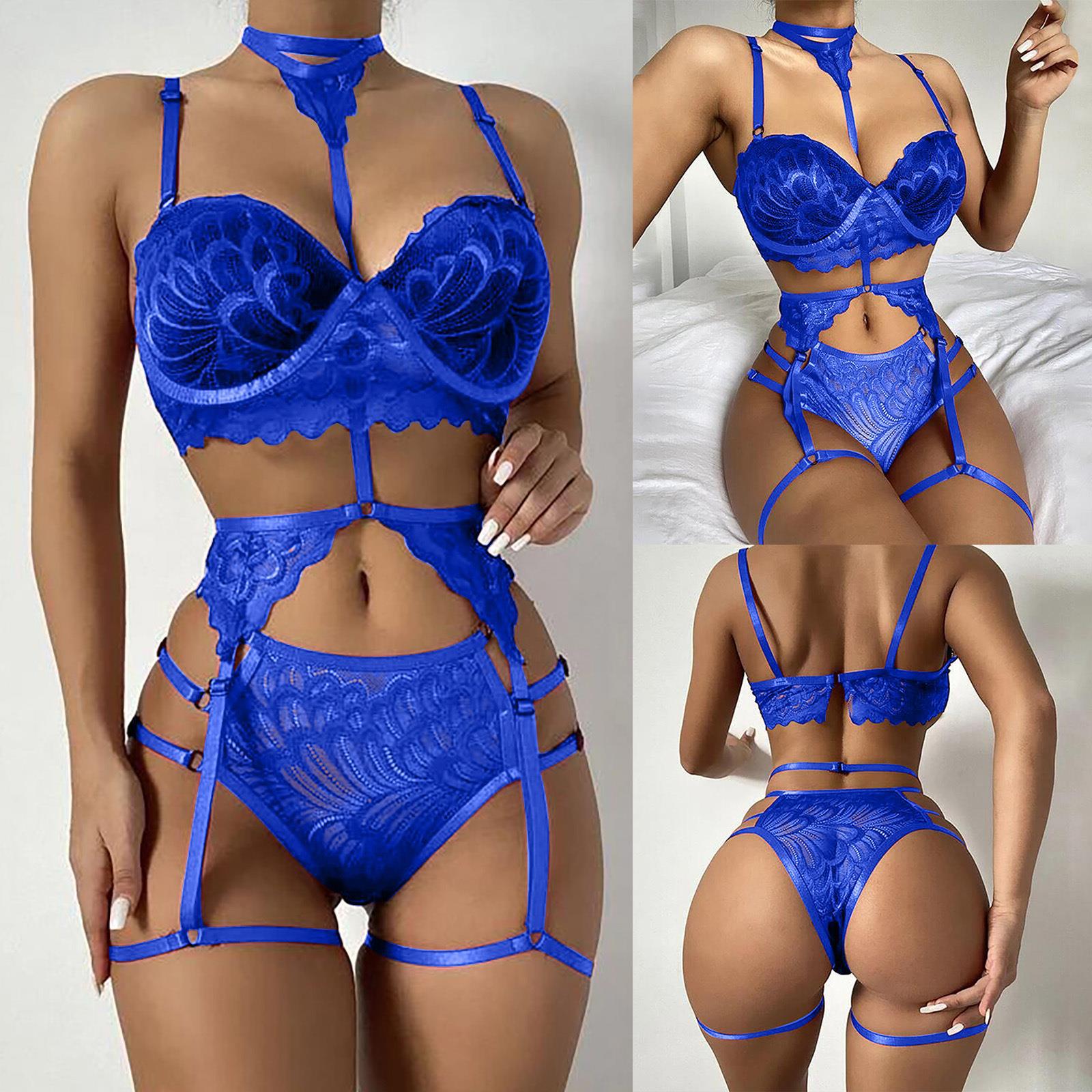 Women's Clothing Lingerie Sets Large size three-piece women's sexy suspender sequined silver silk nightgown sexy lingerie set Blue M
