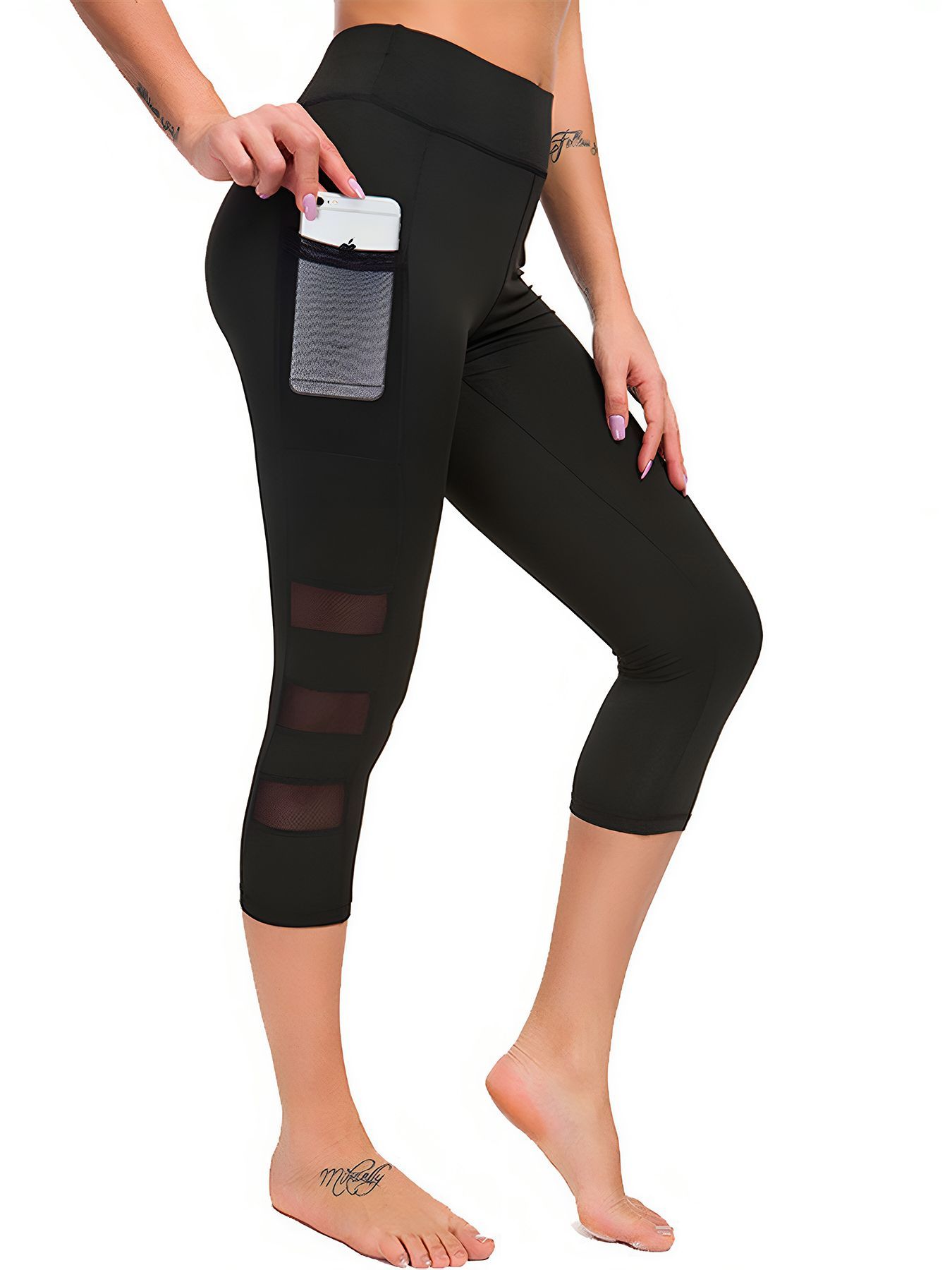 Cropped running gym pants women's side pocket three-segment mesh slim fit yoga trousers Black S