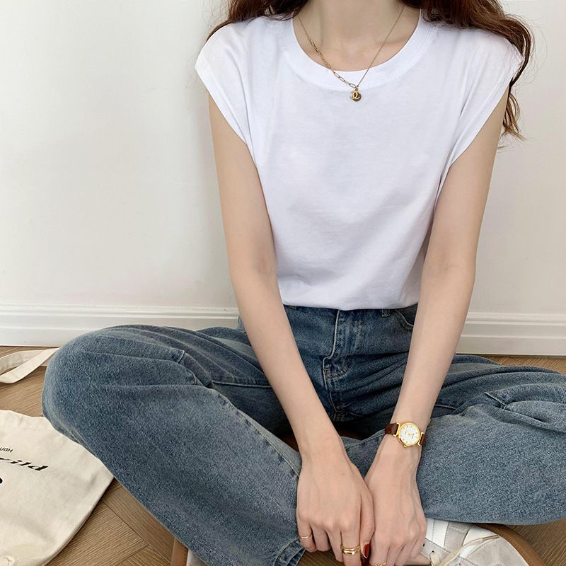 White sleeveless T-shirt for women, loose fit, 2025 summer new style, fashionable black vest, T-shirt, top, worn outside ins