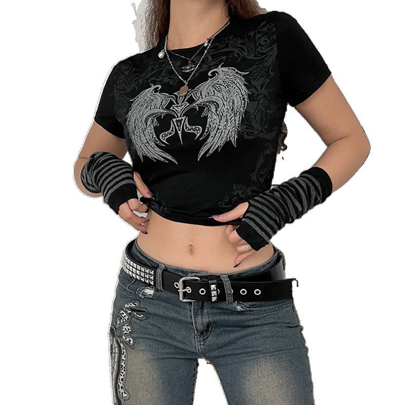 Love Cloth Forgetting American Spicy Girl Street Graffiti Print Color Contrasting Tight T-shirt Caution Machine Girl Exposed Umbilical Short Sleeve Top