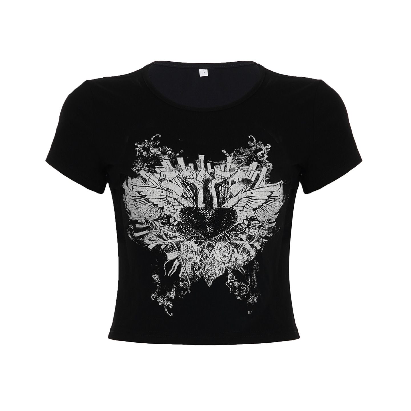Love Cloth Forgetting American Spicy Girl Street Graffiti Print Color Contrasting Tight T-shirt Caution Machine Girl Exposed Umbilical Short Sleeve Top