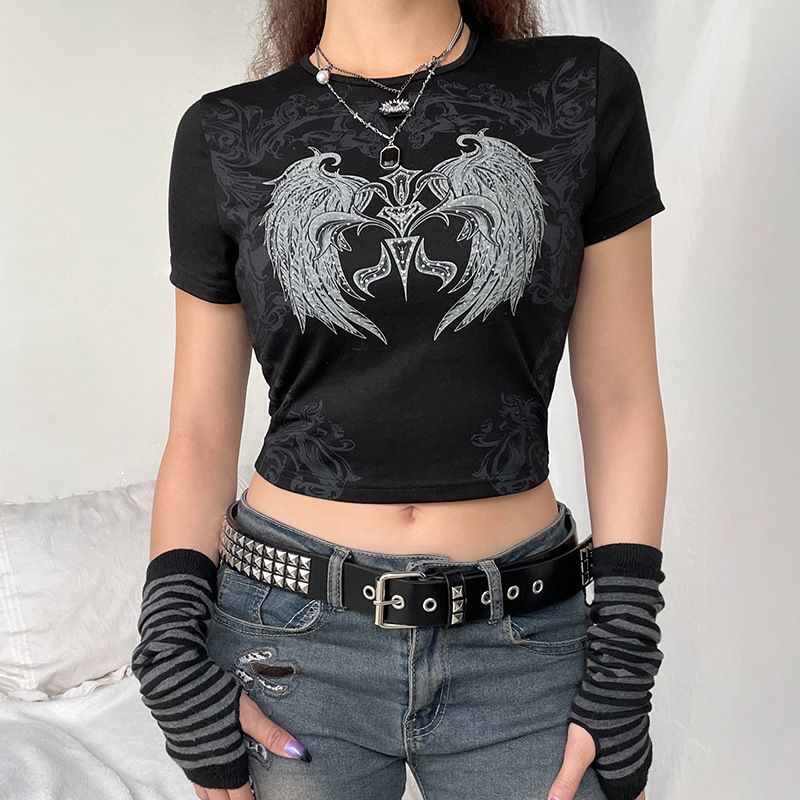 Love Cloth Forgetting American Spicy Girl Street Graffiti Print Color Contrasting Tight T-shirt Caution Machine Girl Exposed Umbilical Short Sleeve Top