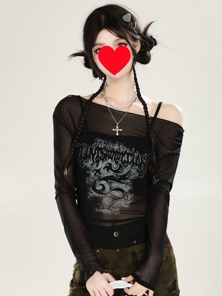 American Red Sweet and Spicy Girl One Shoulder Mesh Hoodie Women's Summer Thin Sunscreen Two Piece Set Off Shoulder Long Sleeve Top