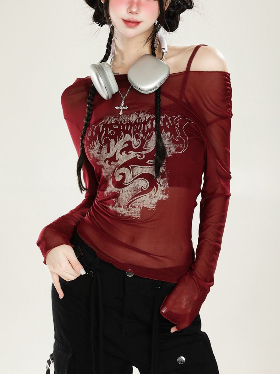 American Red Sweet and Spicy Girl One Shoulder Mesh Hoodie Women's Summer Thin Sunscreen Two Piece Set Off Shoulder Long Sleeve Top