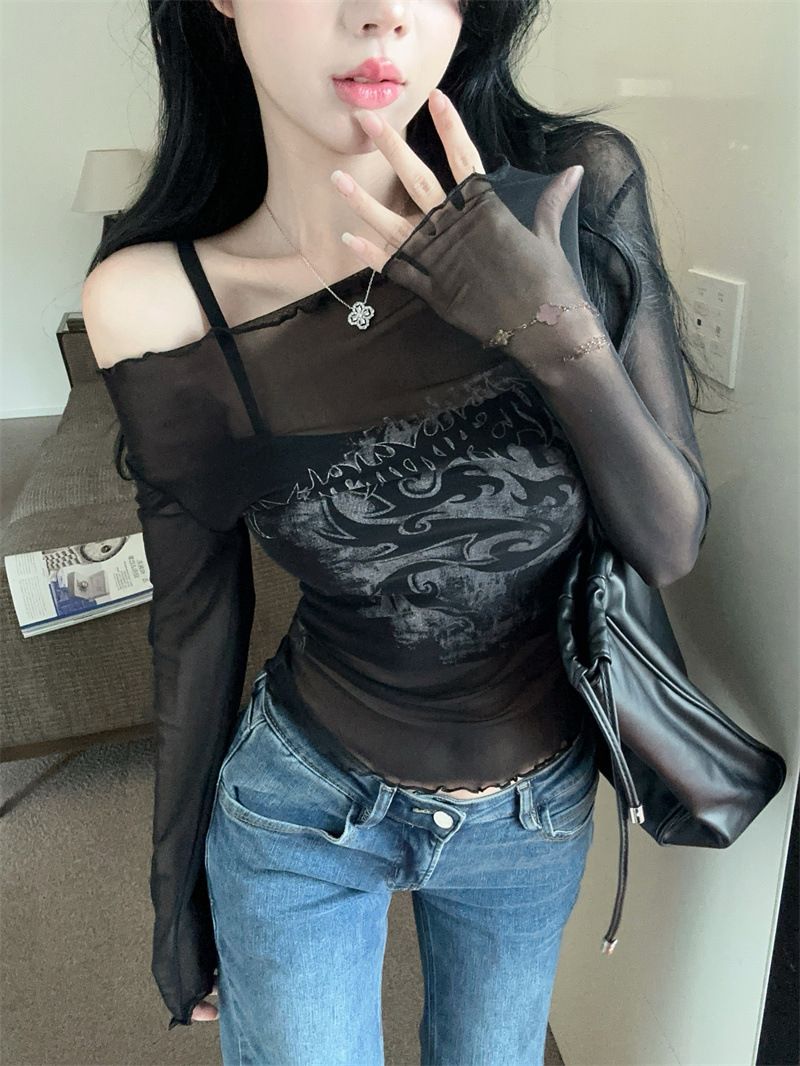 American Red Sweet and Spicy Girl One Shoulder Mesh Hoodie Women's Summer Thin Sunscreen Two Piece Set Off Shoulder Long Sleeve Top