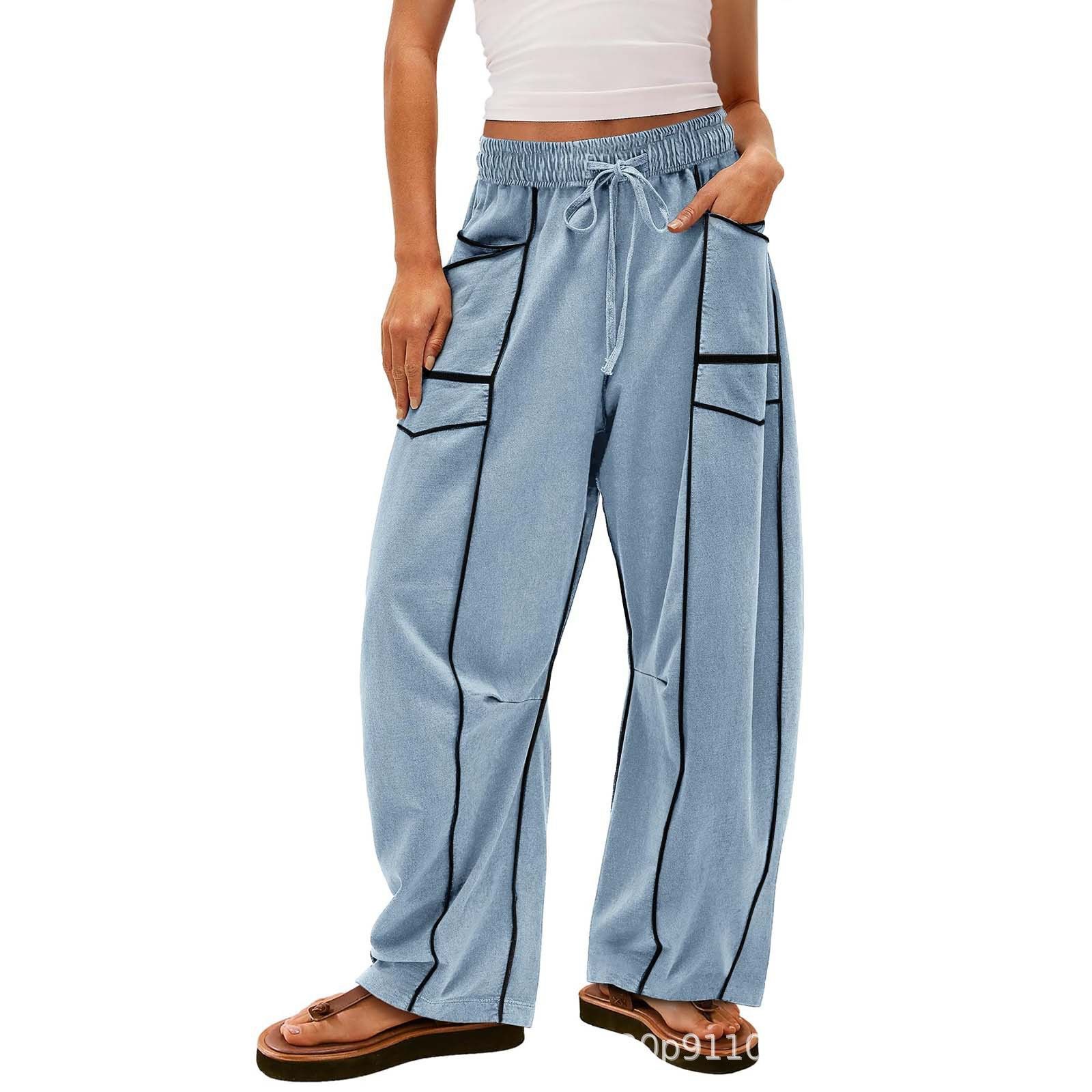 2025 Cross border Foreign Trade Hot Selling Women's Loose Wide Leg Pants Casual Summer Wide Leg Pants Drawstring Waist Casual Pants Bathroom Pants