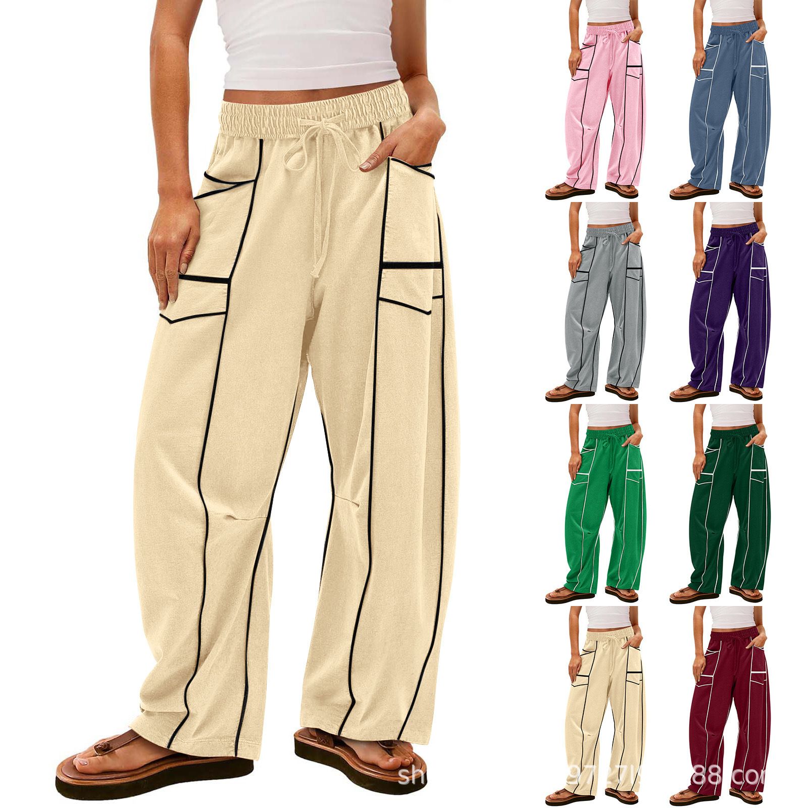 2025 Cross border Foreign Trade Hot Selling Women's Loose Wide Leg Pants Casual Summer Wide Leg Pants Drawstring Waist Casual Pants Bathroom Pants