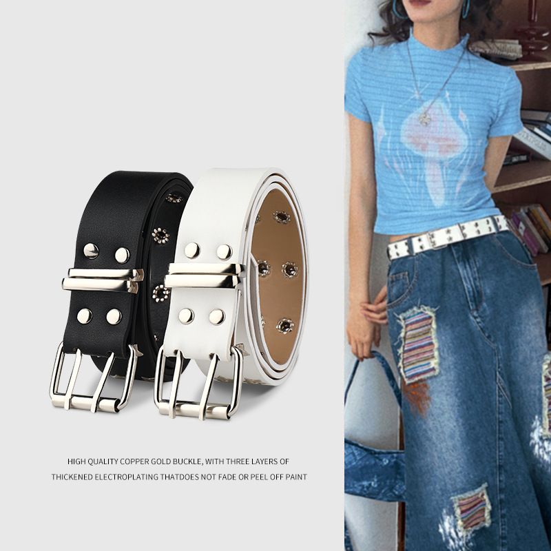 Star porous American wide waistband for women and men 2024 new jeans with a niche design y2k white belt