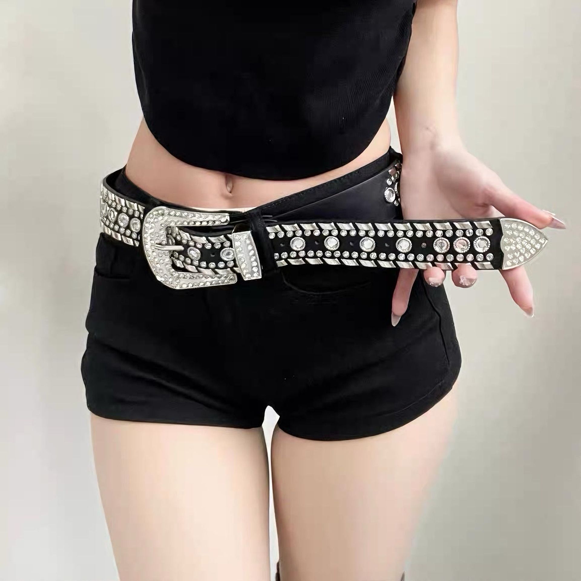 Diamond Belt y2k Spicy Girl Belt Black Punk Pants Accessories Rivet Diamond American White Wide High Street Female