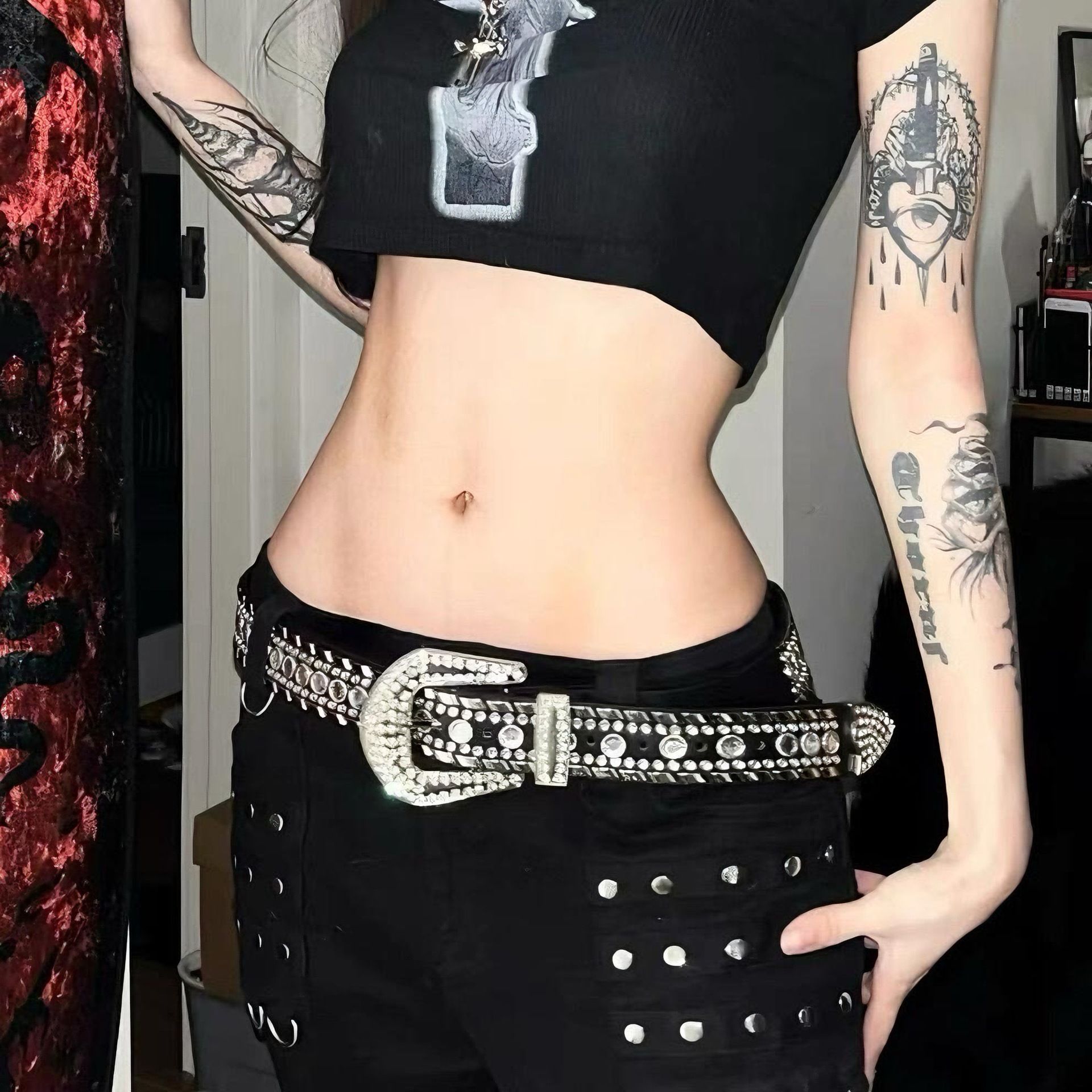 Diamond Belt y2k Spicy Girl Belt Black Punk Pants Accessories Rivet Diamond American White Wide High Street Female