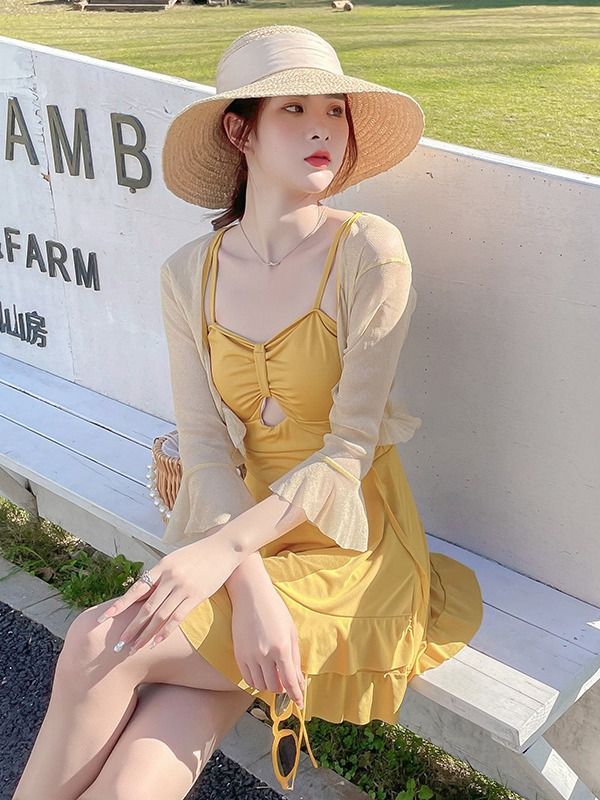 2025 new ins style swimsuit women's two-piece one-piece skirt style slimming and belly covering conservative hot spring swimming suit