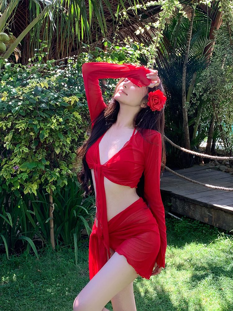 Internet celebrity hot selling 2025 new bikini swimsuit women's split four piece set long sleeved sun protection red vacation soak hot spring