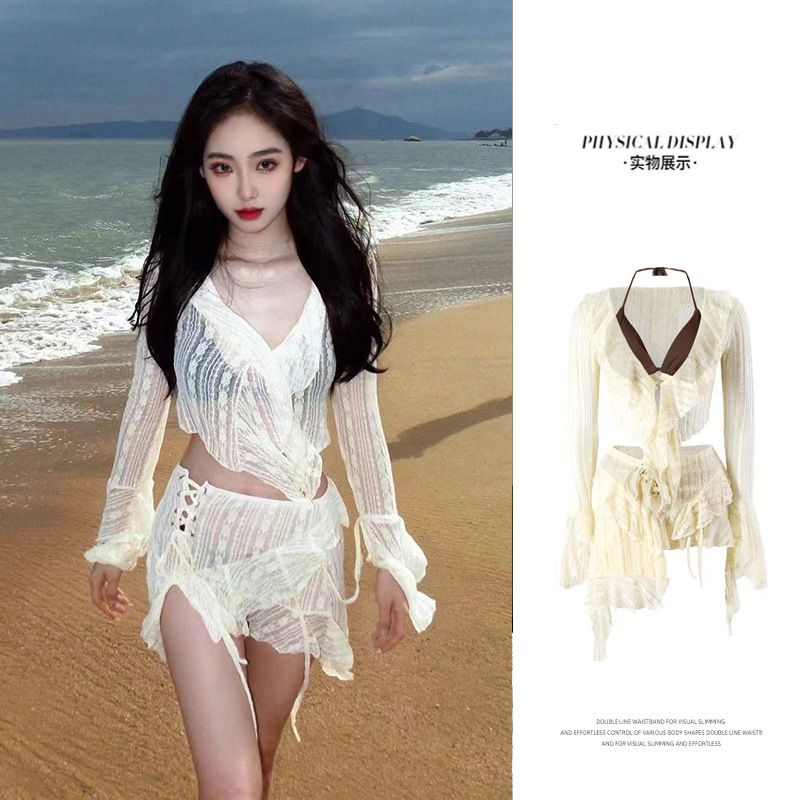 Bikini swimsuit women 2025 new fairy split four piece set temperament sexy pure desire style small chest gathering swimsuit