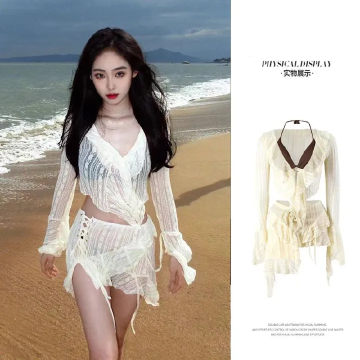 Bikini swimsuit women 2025 new fairy split four piece set temperament sexy pure desire style small chest gathering swimsuit