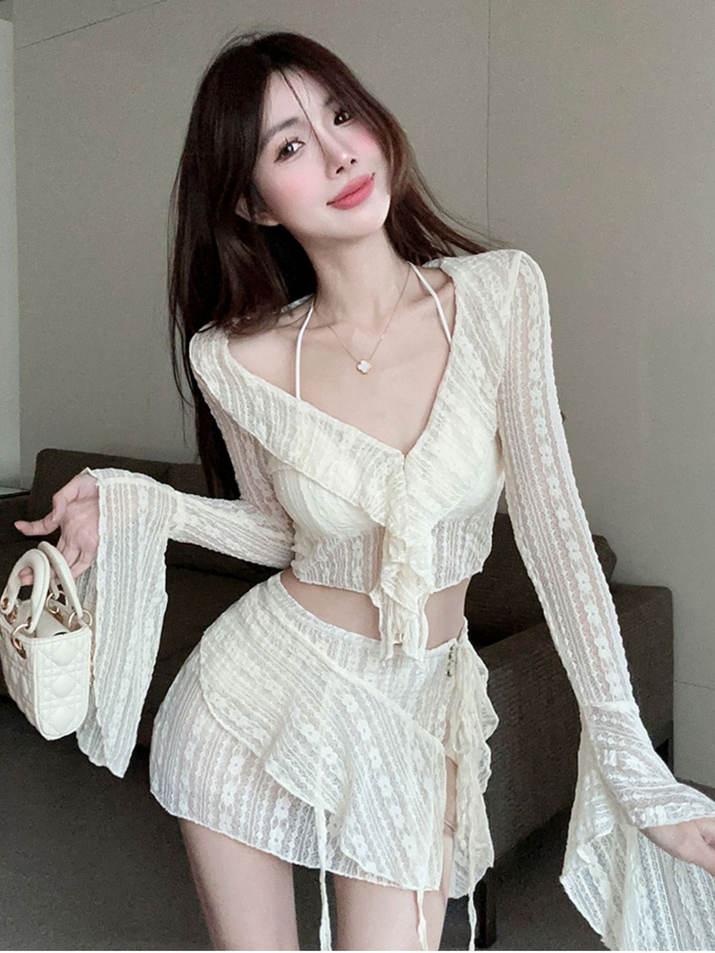 Bikini swimsuit women 2025 new fairy split four piece set temperament sexy pure desire style small chest gathering swimsuit