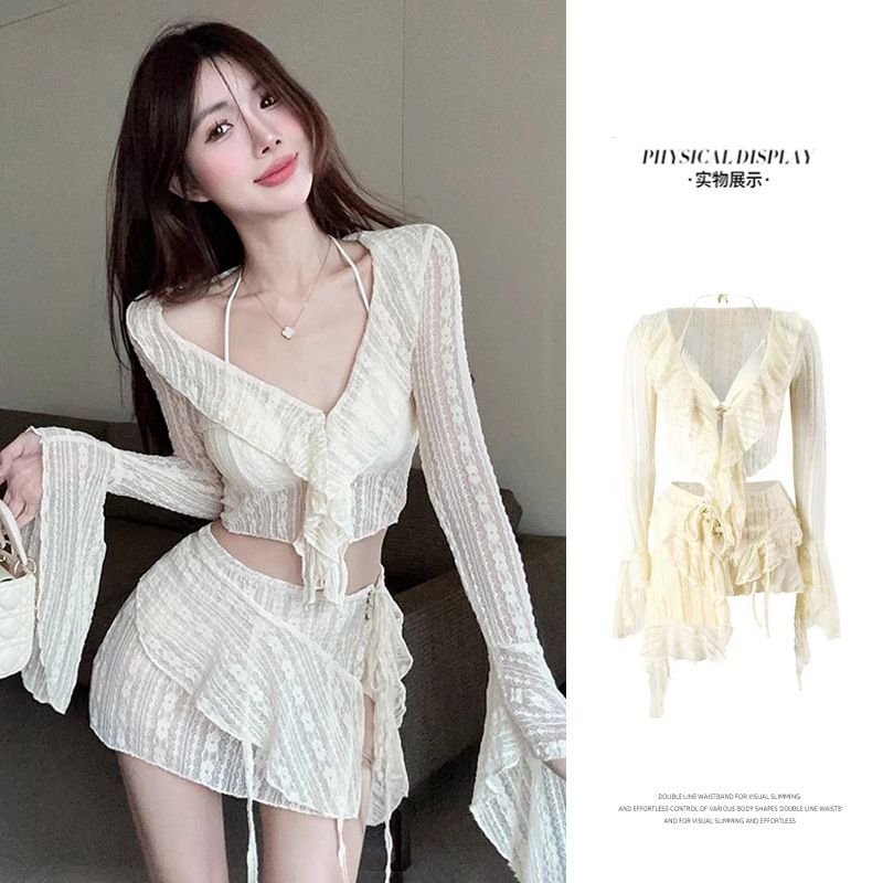 Bikini swimsuit women 2025 new fairy split four piece set temperament sexy pure desire style small chest gathering swimsuit