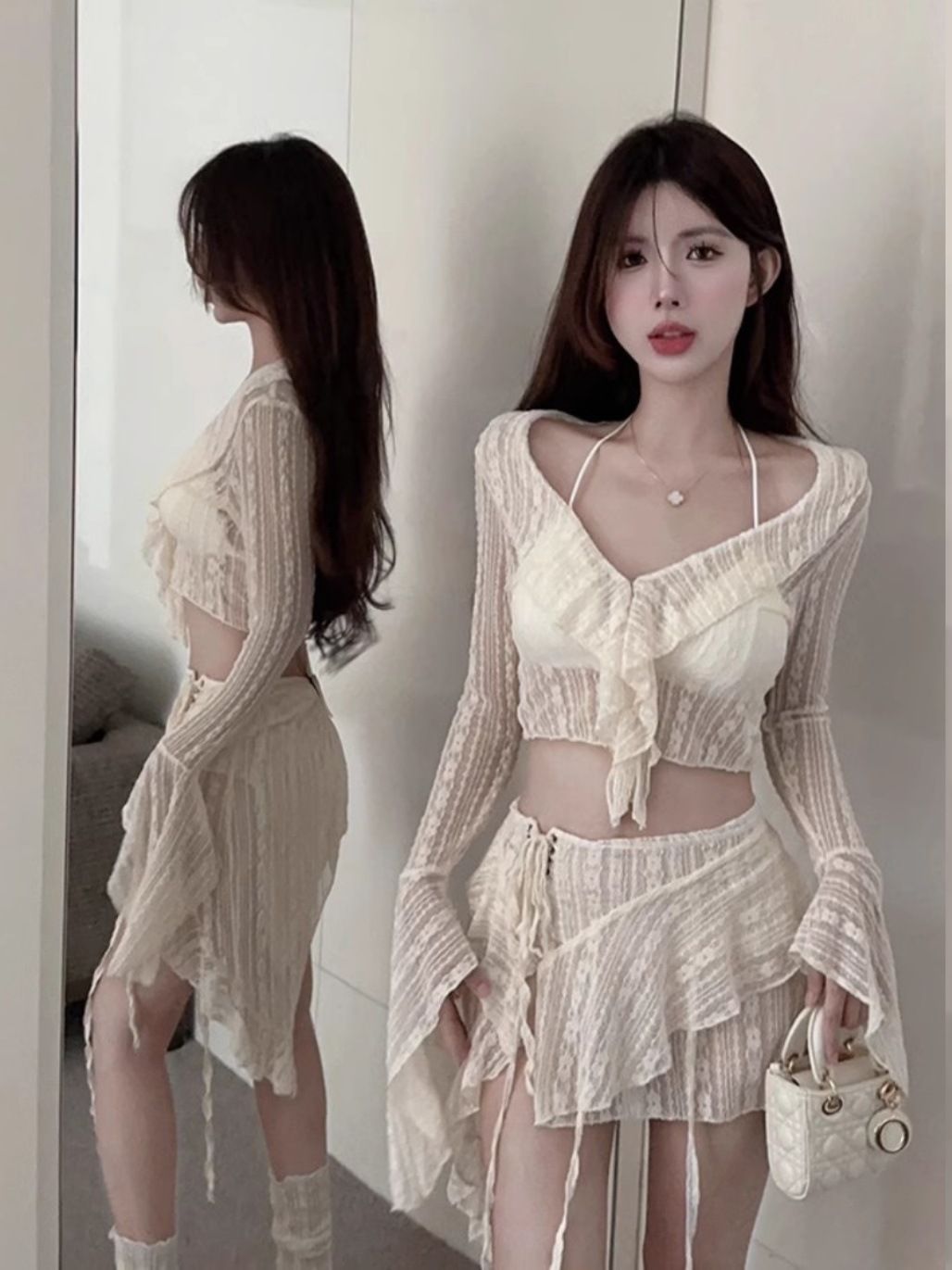 Bikini swimsuit women 2025 new fairy split four piece set temperament sexy pure desire style small chest gathering swimsuit