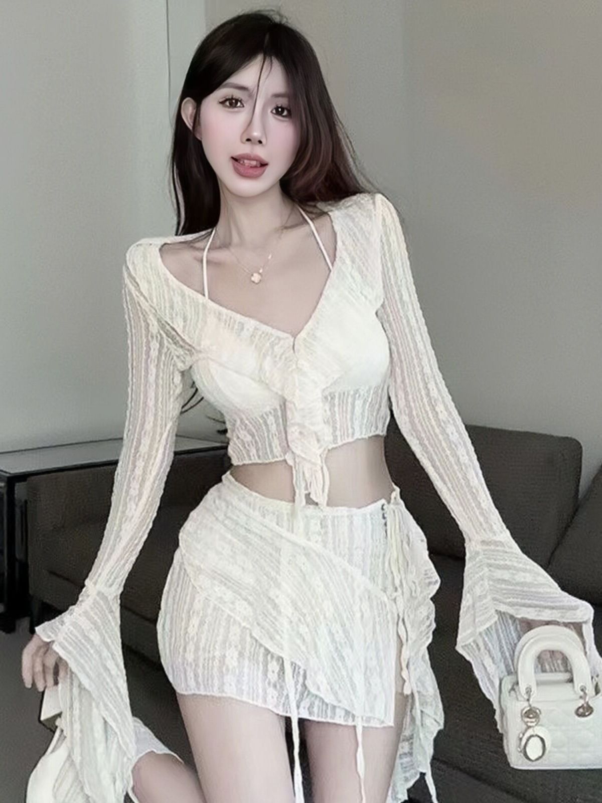 Bikini swimsuit women 2025 new fairy split four piece set temperament sexy pure desire style small chest gathering swimsuit