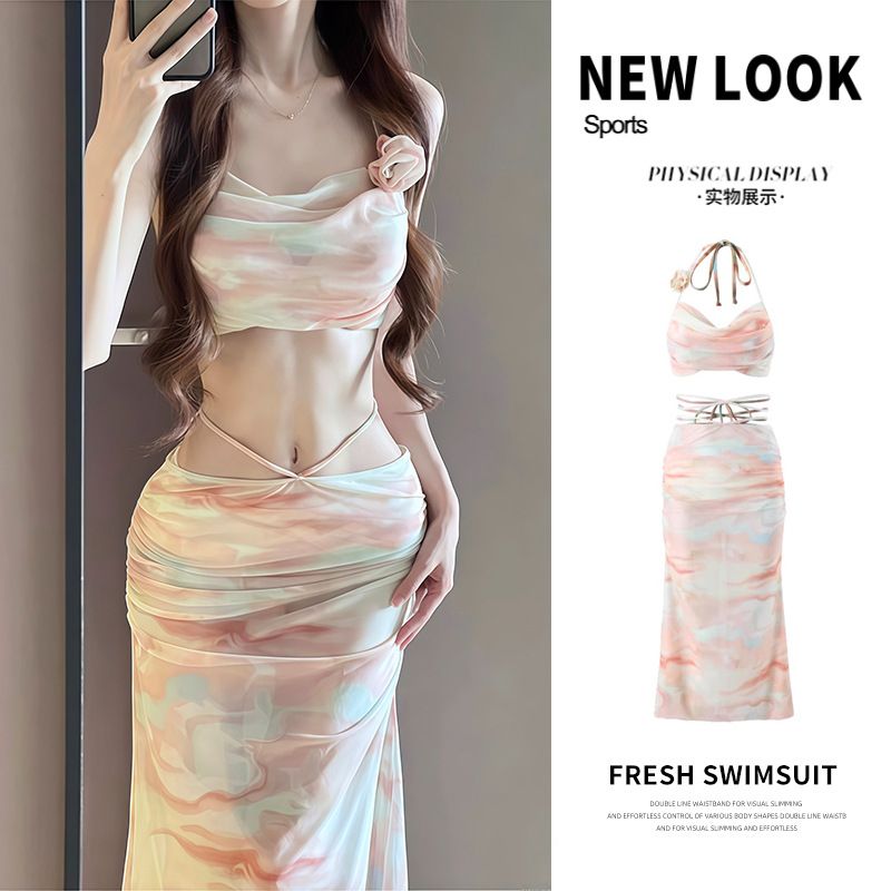Bikini swimsuit women's 2025 new split three piece set sexy long skirt high-end steel support gathered for beach vacation