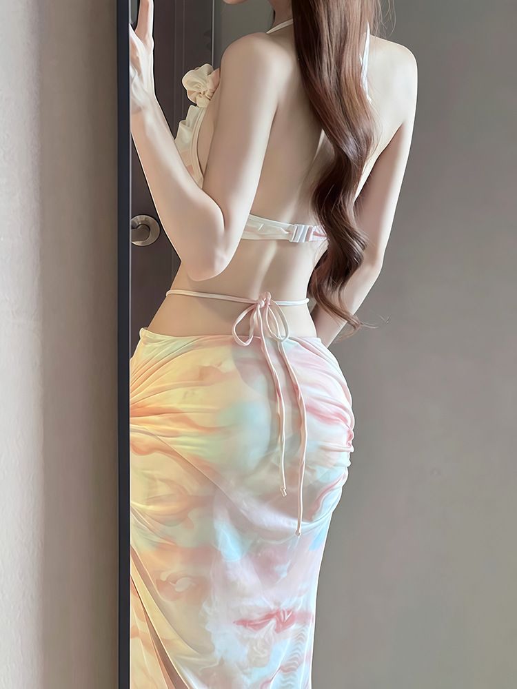 Bikini swimsuit women's 2025 new split three piece set sexy long skirt high-end steel support gathered for beach vacation