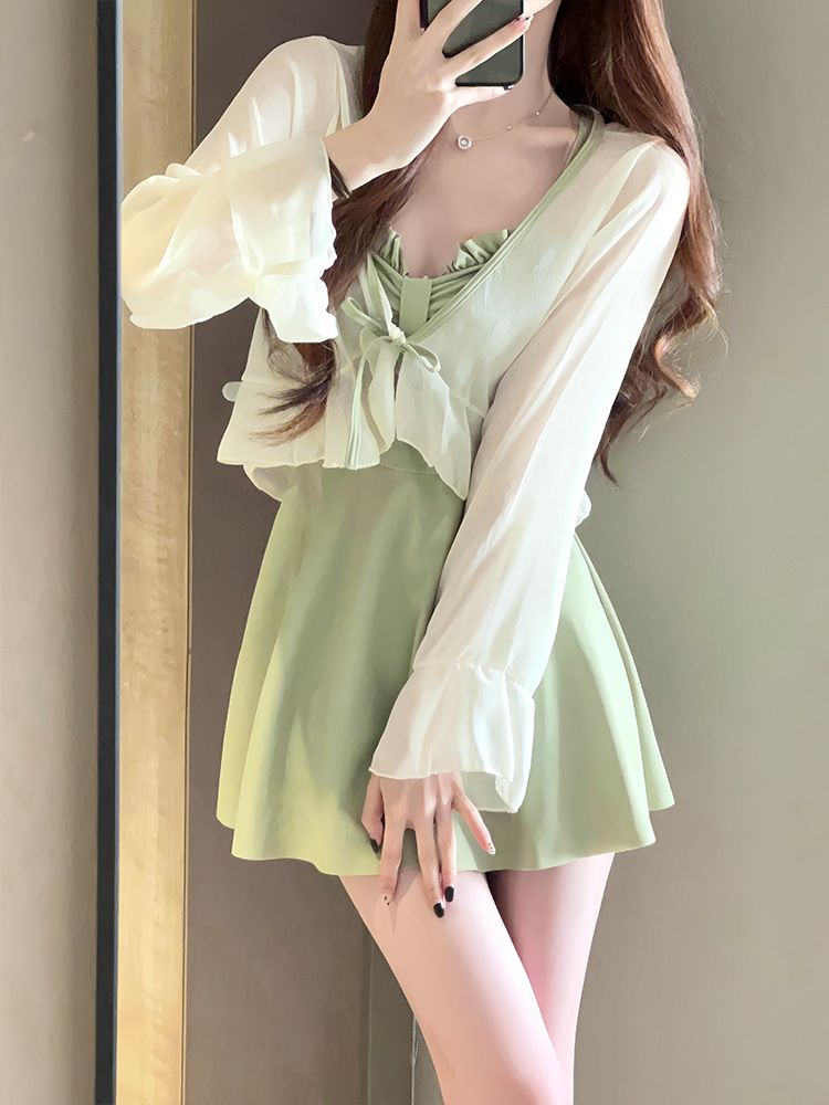 Swimsuit for women 2025 new summer one-piece slimming conservative skirt style avocado green high-end and sexy hot spring swimsuit