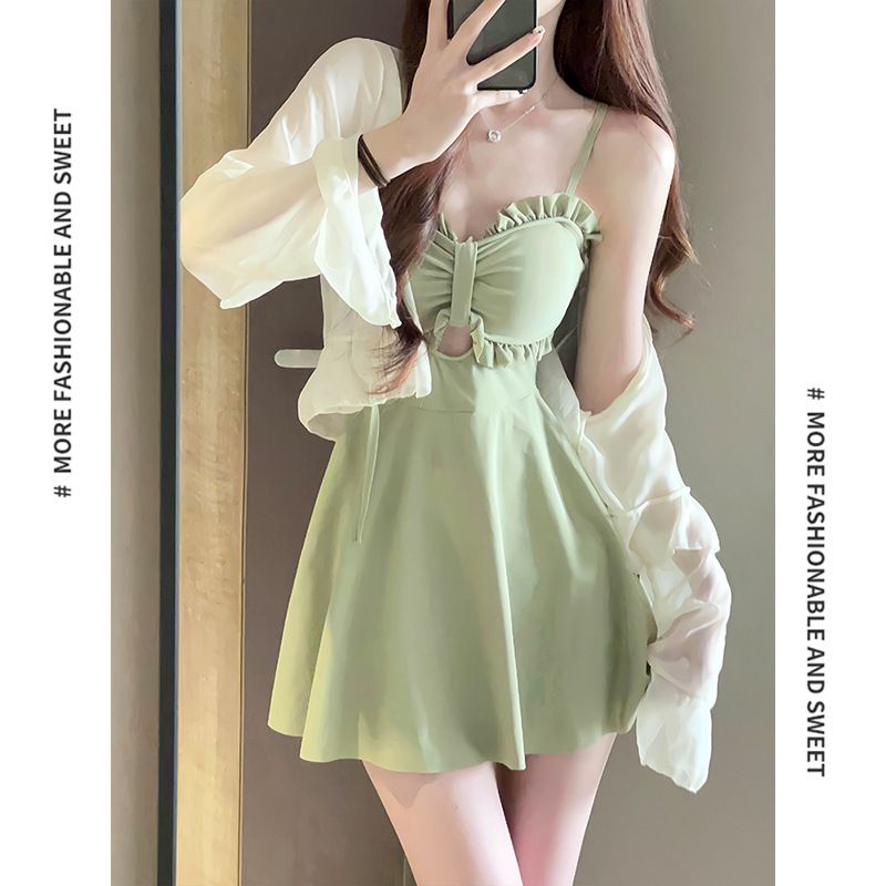 Swimsuit for women 2025 new summer one-piece slimming conservative skirt style avocado green high-end and sexy hot spring swimsuit