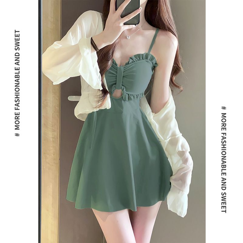 Swimsuit for women 2025 new summer one-piece slimming conservative skirt style avocado green high-end and sexy hot spring swimsuit